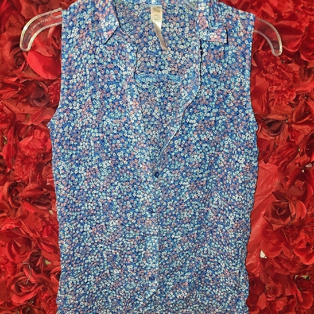 Cherokee Blue Sleeveless Button Down Shirt with Notched Collar See Thru Size 7/8